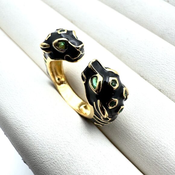 Cheetah Panther Ring Black Enamel Green Rhinestone Gold Plated Adjustable Size - Picture 4 of 7